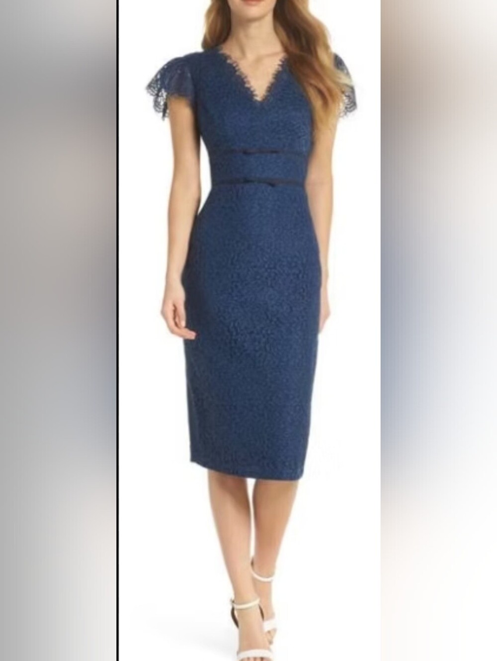 NWT Gal Meets Glam "Ginger" Rosebud Lace Sheath Dress Navy Blue Size 12 - Picture 4 of 12